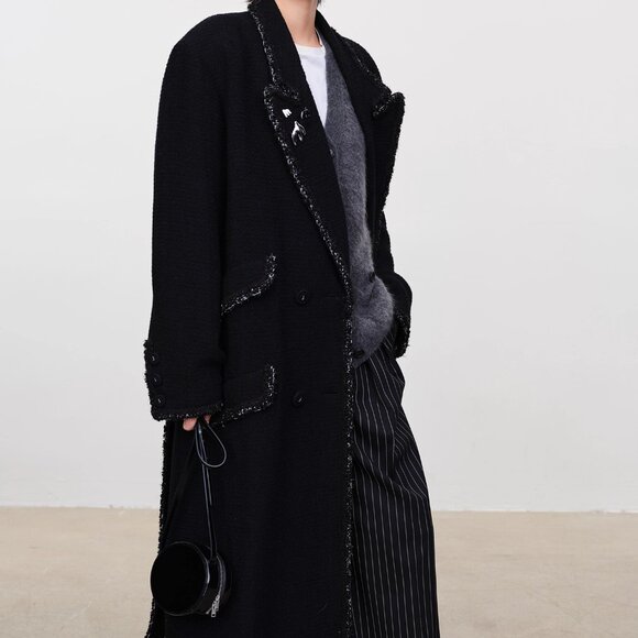 CHICJOC LEBOY Black Wide Shoulder BF Coat Luxury 100% Wool size 36 - Picture 4 of 13